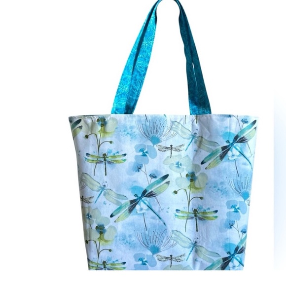 Handmade Dragonfly Print Tote Bag Colorful All Purpose Market Shoulder Purse - Picture 5 of 8